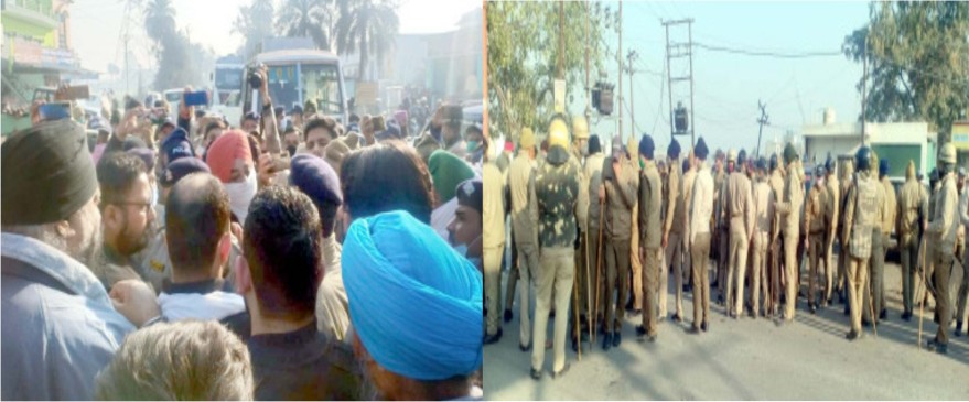 कृषि कानून विरोध - किसानों ने राजमार्ग जाम कर बेरिकेडिंग को तोडा